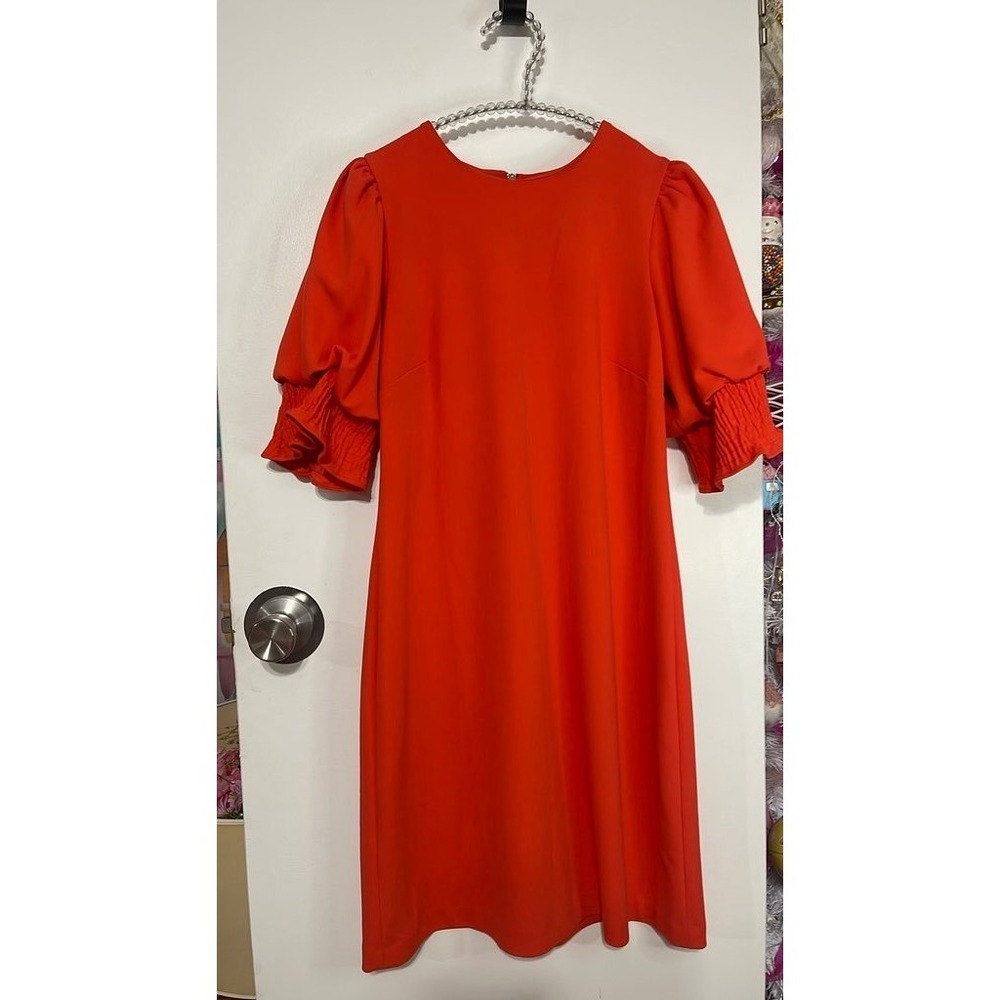 Calvin Klein Shift Dress Womens 4 Orange Good‎ Puff Sleeve Smocked Cuff Crepe